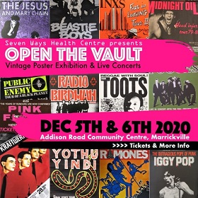 Collage of vintage music posters with Open the Vault title overlaying image